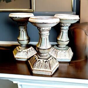 3 New Rustic Weathered Wooden Pillar Candle Holders - Blue/blk/cream 8” X 5.5”